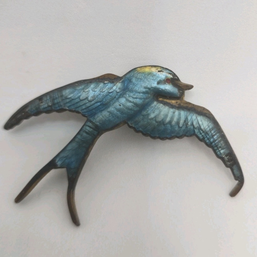 Vintage Blue Guilloche Enamel Swallow Bird Brooch Pin Brass C Clasp Antique Styl